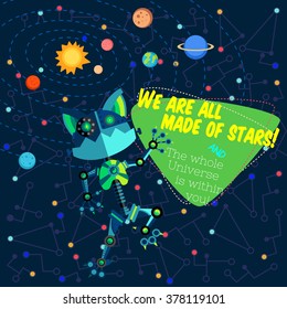 Vector illustration in flat style about outer space and robot. Planets in the univers. Greeting card