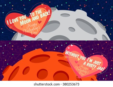 Vector illustration in flat style about outer space. Planets in the universe. Happy valentines day greeting card