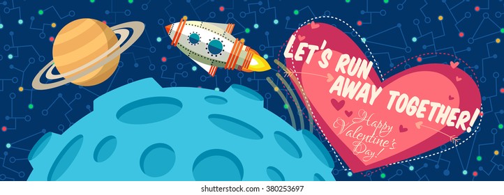 Vector illustration in flat style about outer space. Planets in the universe. Happy valentines day greeting card