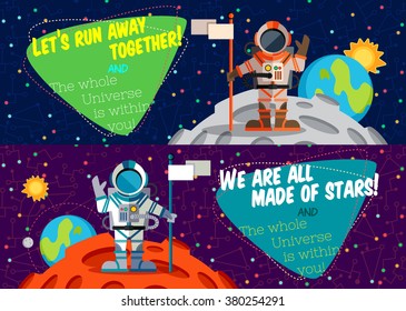 Vector illustration in flat style about outer space. Planets in the universe. Greeting card