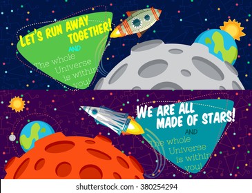 Vector illustration in flat style about outer space. Planets in the universe. Greeting card