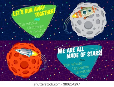 Vector illustration in flat style about outer space. Planets in the universe. Greeting card