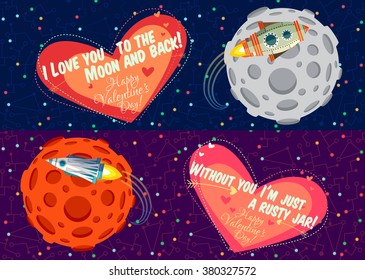 Vector illustration in flat style about outer space. Planets in the universe. Happy valentines day greeting card