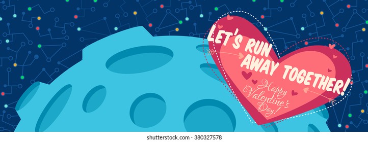 Vector illustration in flat style about outer space. Planets in the universe. Happy valentines day greeting card