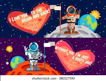 Vector illustration in flat style about outer space. Planets in the universe. Happy valentines day greeting card