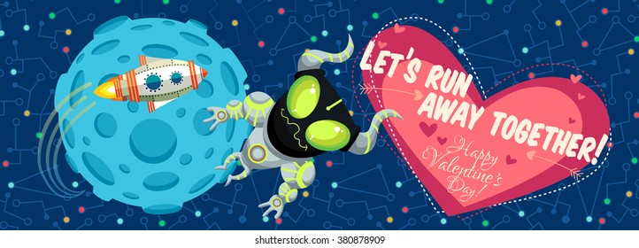 Vector illustration in flat style about outer space. Planets in the universe. Happy valentines day greeting card