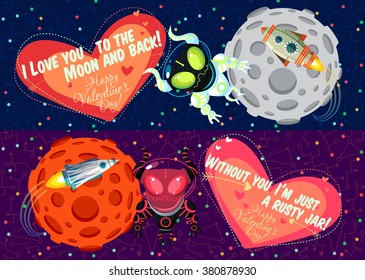 Vector illustration in flat style about outer space. Planets in the univers. Happy valentines day greeting card