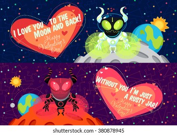 Vector illustration in flat style about outer space. Planets in the universal. Happy valentines day greeting card
