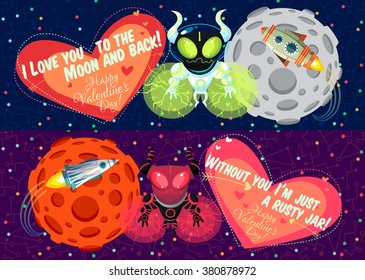Vector illustration in flat style about outer space. Planets in the universe. Happy valentines day greeting card