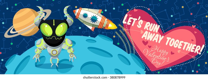 Vector illustration in flat style about outer space. Planets in the universe. Happy valentines day greeting card