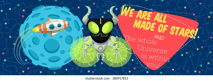 Vector illustration in flat style about outer space. Planets in the univers. Happy valentines day greeting card