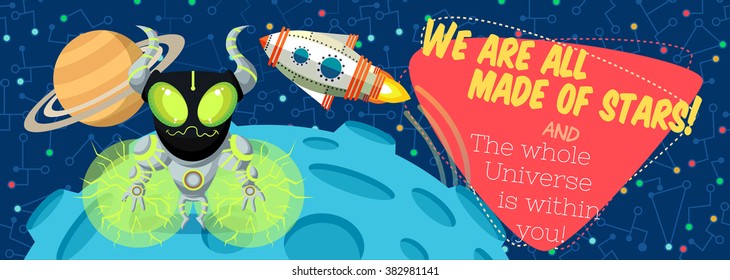 Vector illustration in flat style about outer space. Planets in the universe. Happy valentines day greeting card