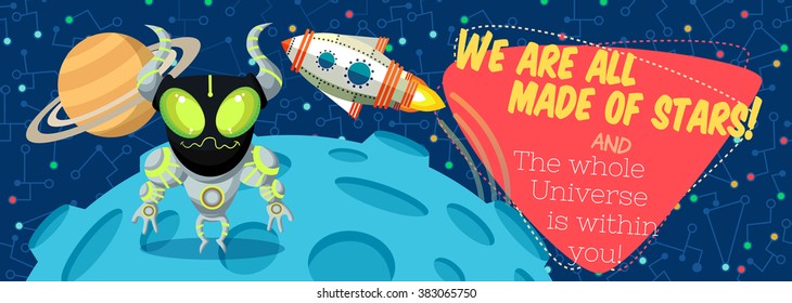 Vector illustration in flat style about outer space. Planets in the universe. Happy valentines day greeting card