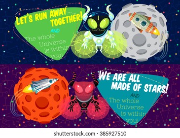 Vector illustration in flat style about outer space. Planets in the universe. Greeting card