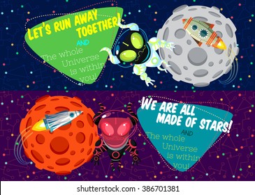Vector illustration in flat style about outer space. Planets in the universe. Greeting card