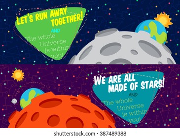Vector illustration in flat style about outer space. Planets in the universe. Greeting card
