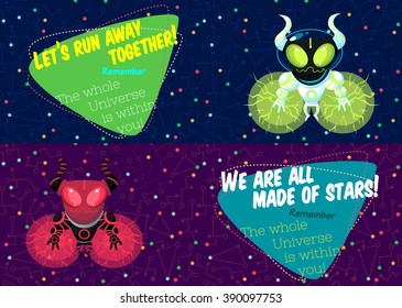 Vector illustration in flat style about outer space. Planets in the universe. Greeting card
