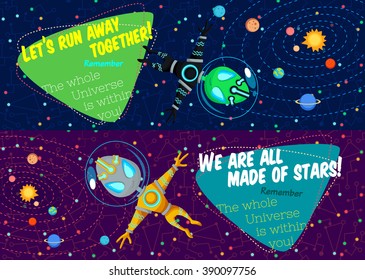 Vector illustration in flat style about outer space. Planets in the universe. Greeting card