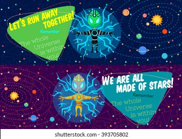 Vector illustration in flat style about outer space. Planets in the universe. Greeting card