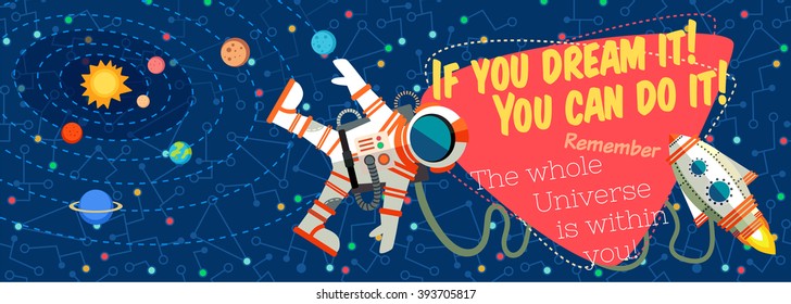 Vector illustration in flat style about outer space. Planets in the universe. Greeting card