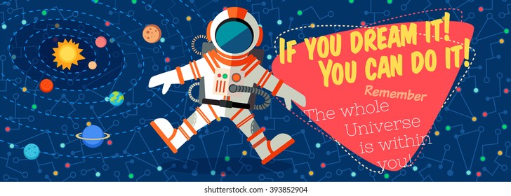 Vector illustration in flat style about outer space. Planets in the universe. Greeting card