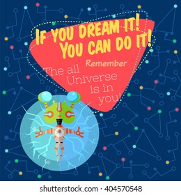 Vector illustration in flat style about outer space. Planets in the universe. Greeting card