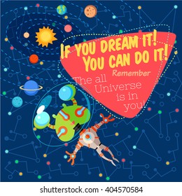 Vector illustration in flat style about outer space. Planets in the universe. Greeting card