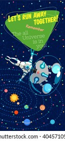 Vector illustration in flat style about outer space. Planets in the universe. Greeting card