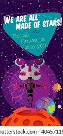 Vector illustration in flat style about outer space. Planets in the universe. Greeting card