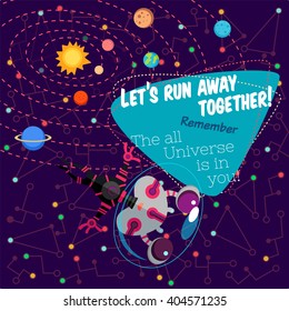 Vector illustration in flat style about outer space. Planets in the universe. Greeting card