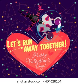 Vector illustration in flat style about outer space. Planets in the universe. Happy valentines day greeting card