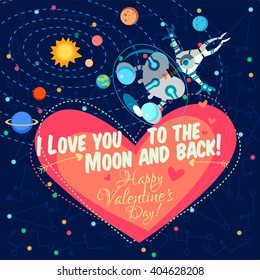 Vector illustration in flat style about outer space. Planets in the universe. Happy valentines day greeting card