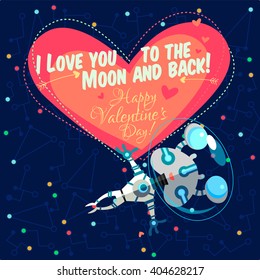 Vector illustration in flat style about outer space. Planets in the universe. Happy valentines day greeting card