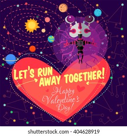 Vector illustration in flat style about outer space. Planets in the universe. Happy valentines day greeting card