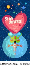 Vector illustration in flat style about outer space. Planets in the universe. Happy valentines day greeting card
