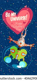 Vector illustration in flat style about outer space. Planets in the universe. Happy valentines day greeting card