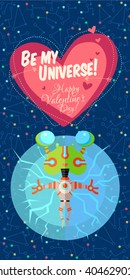 Vector illustration in flat style about outer space. Planets in the universe. Happy valentines day greeting card