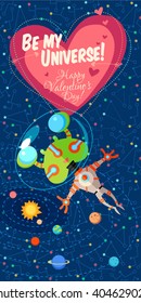 Vector illustration in flat style about outer space. Planets in the universe. Happy valentines day greeting card
