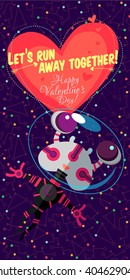 Vector illustration in flat style about outer space. Planets in the universe. Happy valentines day greeting card