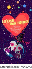 Vector illustration in flat style about outer space. Planets in the universe. Happy valentines day greeting card