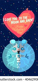 Vector illustration in flat style about outer space. Planets in the universe. Happy valentines day greeting card