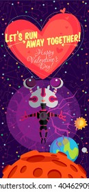 Vector illustration in flat style about outer space. Planets in the universe. Happy valentines day greeting card
