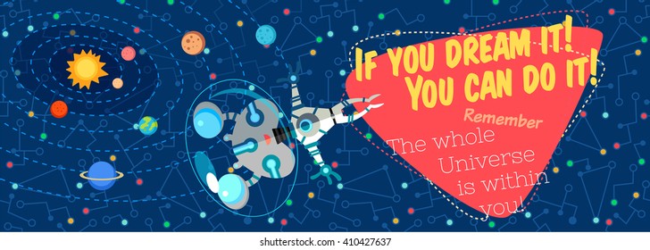 Vector illustration in flat style about outer space. Planets in the universe. Greeting card