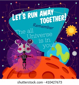 Vector illustration in flat style about outer space. Planets in the universe. Greeting card