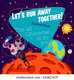 Vector illustration in flat style about outer space. Planets in the universe. Greeting card