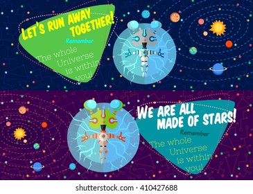 Vector illustration in flat style about outer space. Planets in the universe. Greeting card
