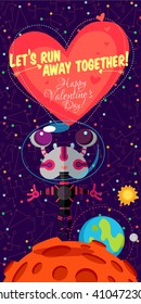 Vector illustration in flat style about outer space. Planets in the universe. Happy valentines day greeting card
