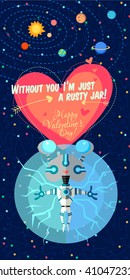 Vector illustration in flat style about outer space. Planets in the universe. Happy valentines day greeting card