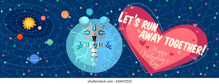 Vector illustration in flat style about outer space. Planets in the universe. Happy valentines day greeting card