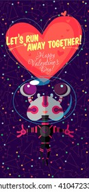 Vector illustration in flat style about outer space. Planets in the universe. Happy valentines day greeting card